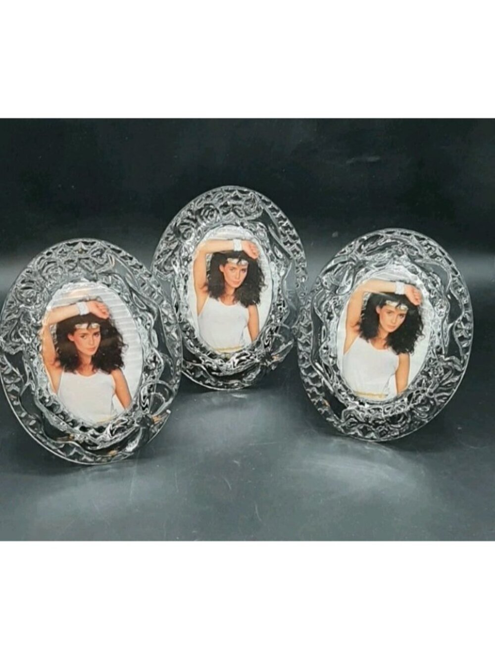Vintage Star Clear Solid Glass Oval Photo Frame Embossed Roses Tabletop Set of 3